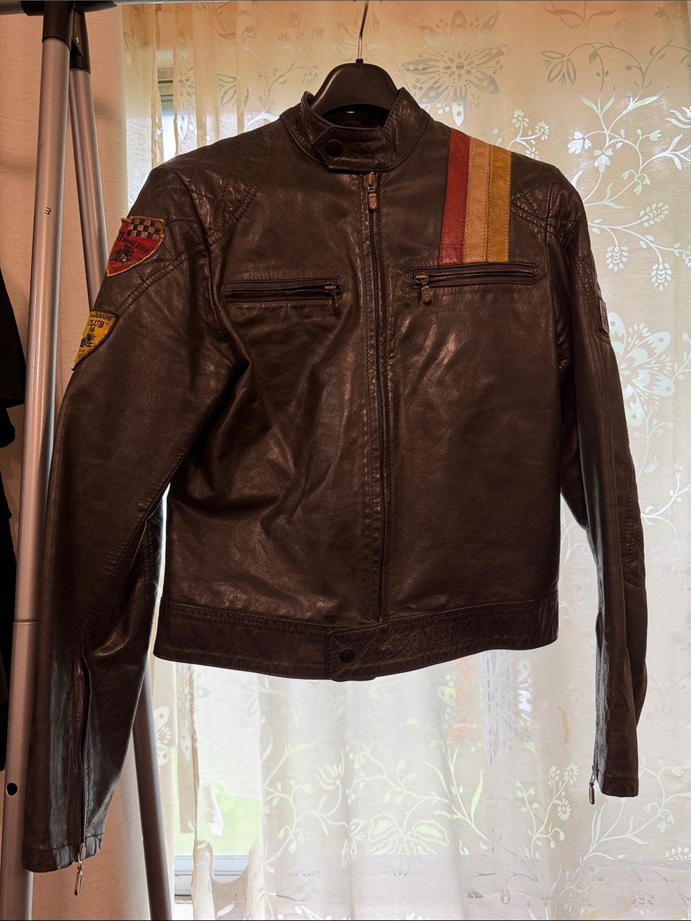 Belstaff Brown Leather Bomber Jacket with Red & Gold Shoulder Stripes